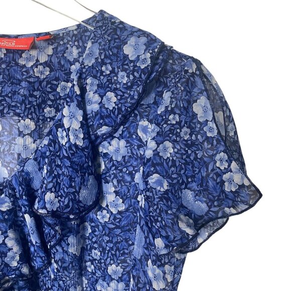 Y2K Oscar De La Renta Sheer Blue Floral Ruffle Flutter Sleeve Blouse Size 4 - Picture 3 of 7